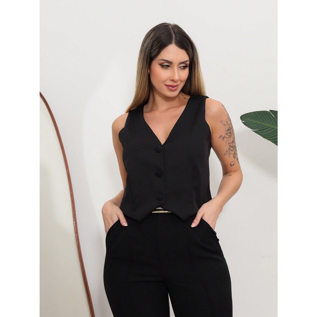 Colete Femenino Alfaiataria  Botoes Encapados na frente elegante Casual Assimetreco  Escritorio Ferias