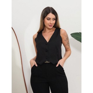 Colete Femenino Alfaiataria  Botoes Encapados na frente elegante Casual Assimetreco  Escritorio Ferias