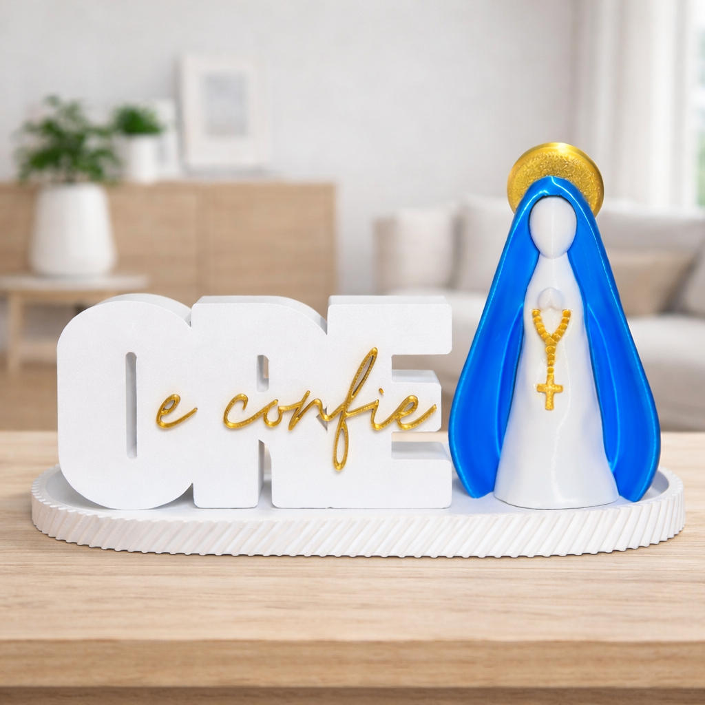 Kit Decorativo ORE e Confie + Nossa Senhora com Bandeja | Decoração Religiosa Fé Lar
