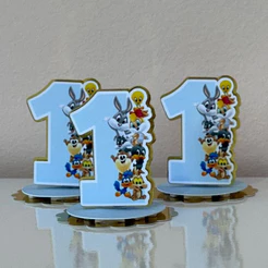 Tags Apliques NUMERO em 3D em pé com Lamicote Dourado - BABY LOONEY TUNES - Tags Personalizadas