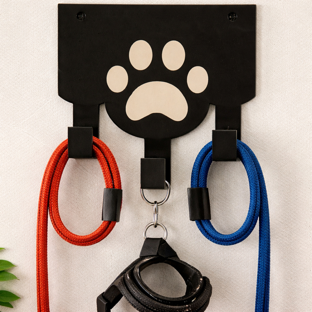 Porta Coleira e Guia de Parede Personalizado | Suporte Pet com 3 Ganchos Organizador para Cachorro