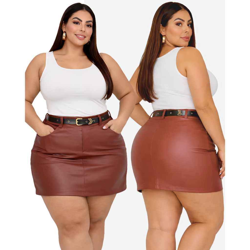 Short Saia Feminino Plus Size Couro Acompanha Cinto Saia Frente e Costa Inverno