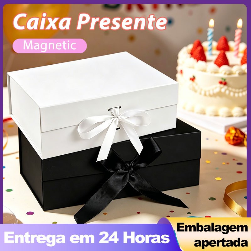 Caixa Rígida Para Presente Preta Rígida Com Fecho Magnético e Fita de Cetim Presente de Aniversário