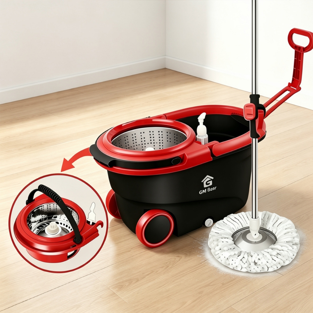 GM Bear Mop Giratorio 360° Com cabo de 118 cm Cesto Em Inox - Balde Centrífuga Com Rodas,14 Litros Balde