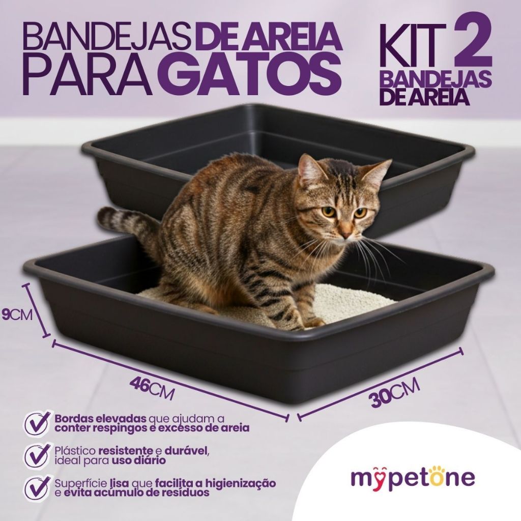 Kit com 2 Bandeja de Areia Higiênica Simples Preto para Gatos - MyPetOne