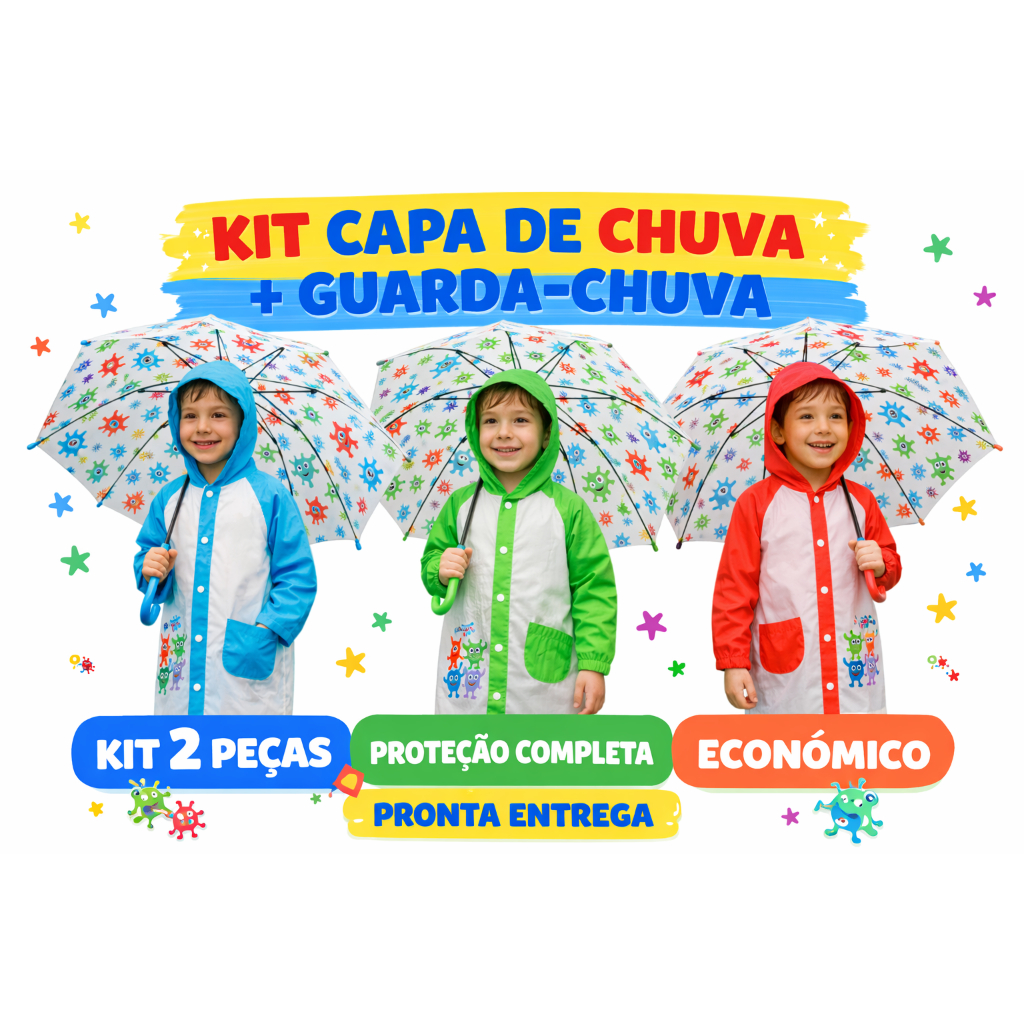 Capa de Chuva Infantil Impermeável com Capuz + Guarda-Chuva Criança Kit Escolar Estampada  Menina Menino