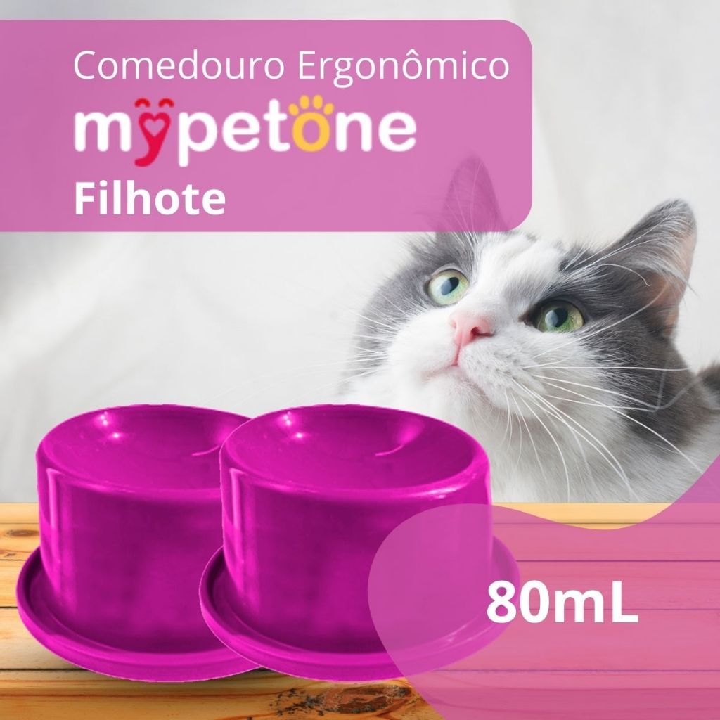 2 Comedouro Gato Filhote Ergonômico 80ml Mypetone Rosa