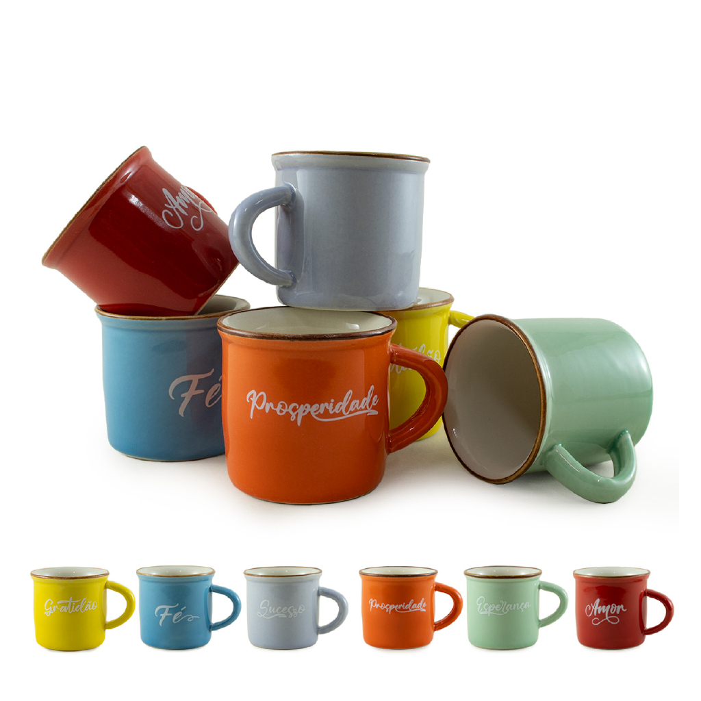 Kit 6 Mini Canecas De Porcelana Esmaltadas Para Café Chá Jogo Estampado Colorido Com Dizeres Retrô Cozinha Visitas 80ml