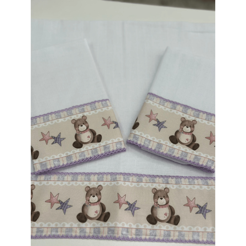 Kit 3 Peças Bebê Ursinha Estrelinha Lilás Premium | Fralda Boca, Ombro e Passeio com Picueta