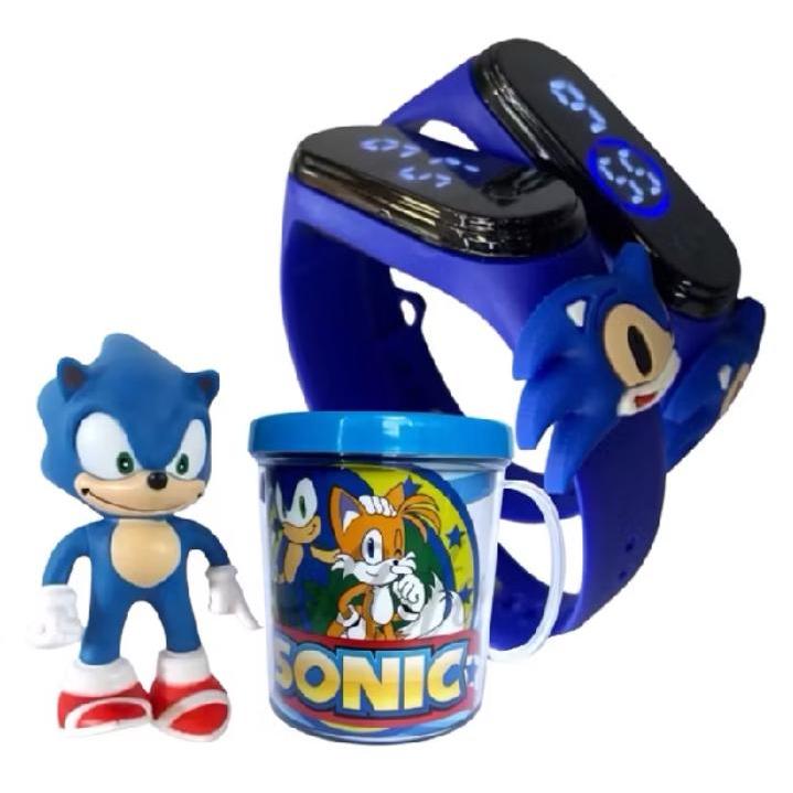 Kit Infantil Sonic the Hedgehog Completo: Relógio Digital + Copo + Boneco | Presente Perfeito para Crianças
