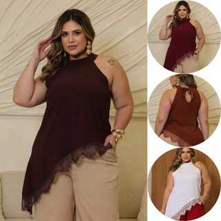 Regata Feminina Gola Alta Assimétrica Frente Única Com Renda Bata Elegante Tendência Plus Size para Estilo Moderno