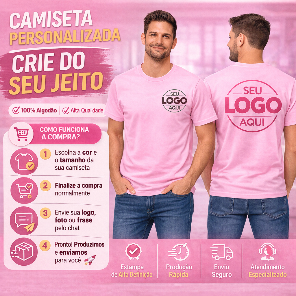 CAMISA UNISSEX COM 100% ALGODÃO ESTAMPADA SUA FRASE ART LOGO UNIFORME FOTO PERSONALIZADA CONFORTAVEL