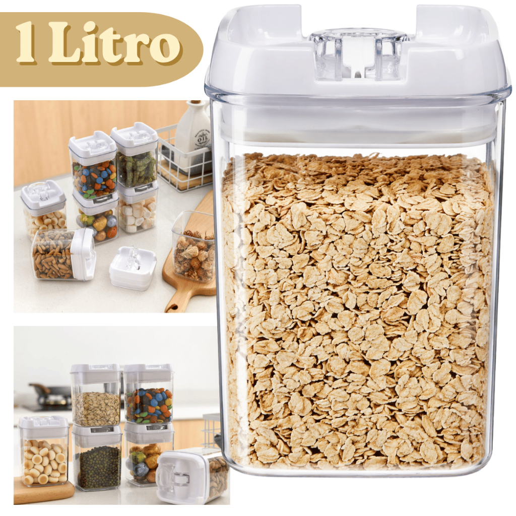Pote Porta Mantimentos Hermético Trava Transparente 1000 Ml Grãos Bolacha Cereal Armazenar Organizar