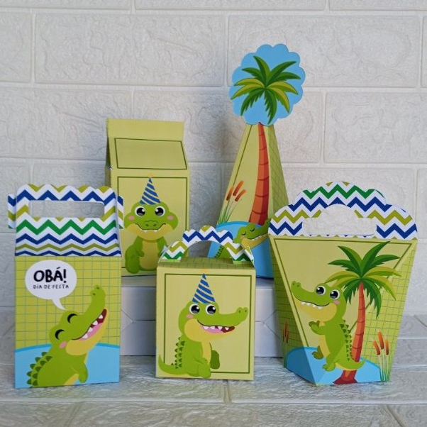 Kit Caixinhas Personalizadas JACARÉ para festa lembrancinha aniversário infantil DESMONTADO