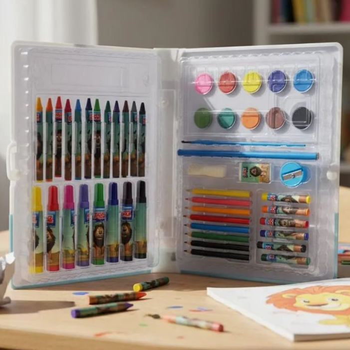 KIT Maleta Jogo de Pintura 51 itens Escolar e Diversão Completa Zoo Leão Simba Lembrancinha