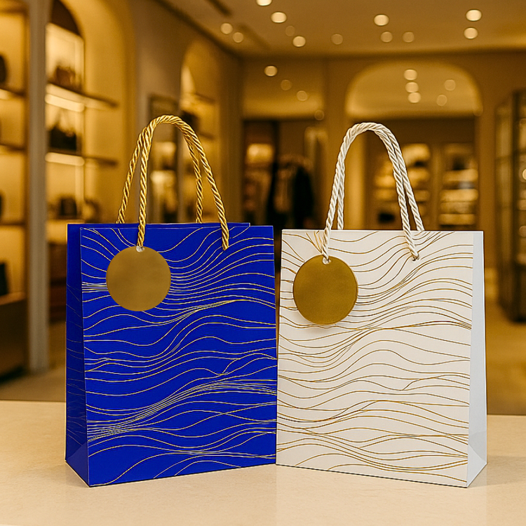 Sacola Presente Luxo com Tag Azul ou Branca Fio Dourado com Alça de Tecido