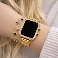 Relógio Feminino Digital Elegante Brilho Led Strass Quadrado + Pulseira Luxo Barato - Oferta