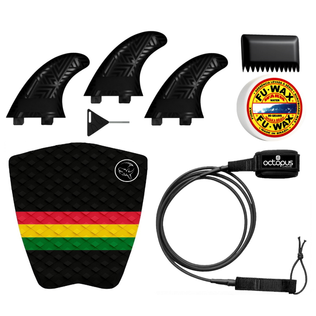 Jogo Quilhas Surf + Deck Prancha Surf + Leash Surf+ Parafina Fu Wax