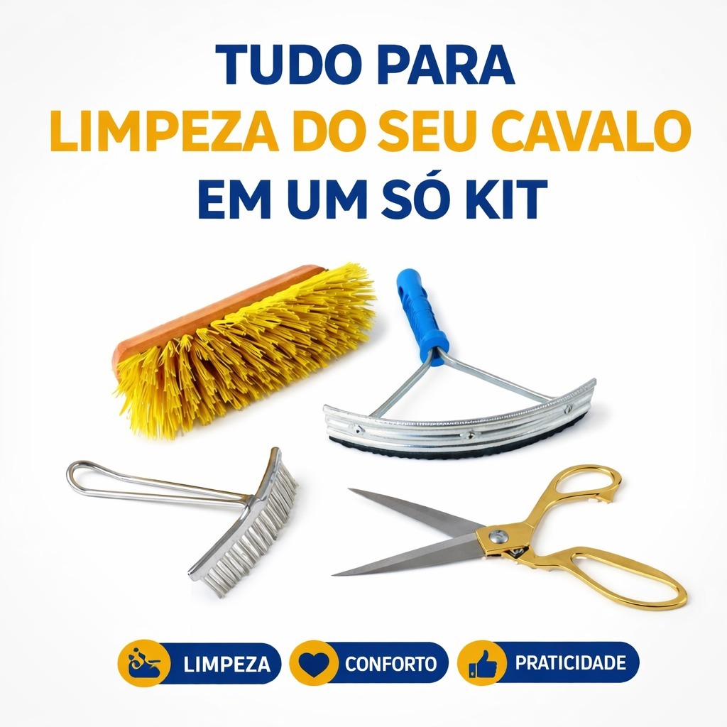 Kit Limpeza Completo Para Cavalo Escovão Rígida Raspadeira Serrilha Envio Imediato