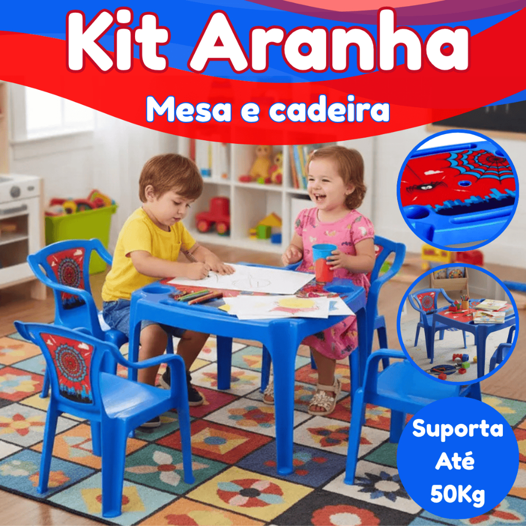 Kit Mesa E Cadeiras Poltronas Infantil Label Aranha Sereia Suporta Até 50Kg Premium Alta Qualidade