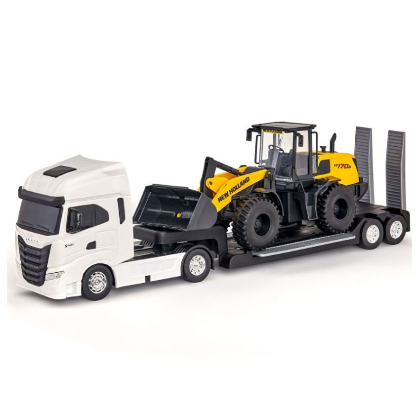 Caminhão Iveco S-way Plataforma New Holland Pá Carregadeira com Trator Miniatura Usual Brinquedos
