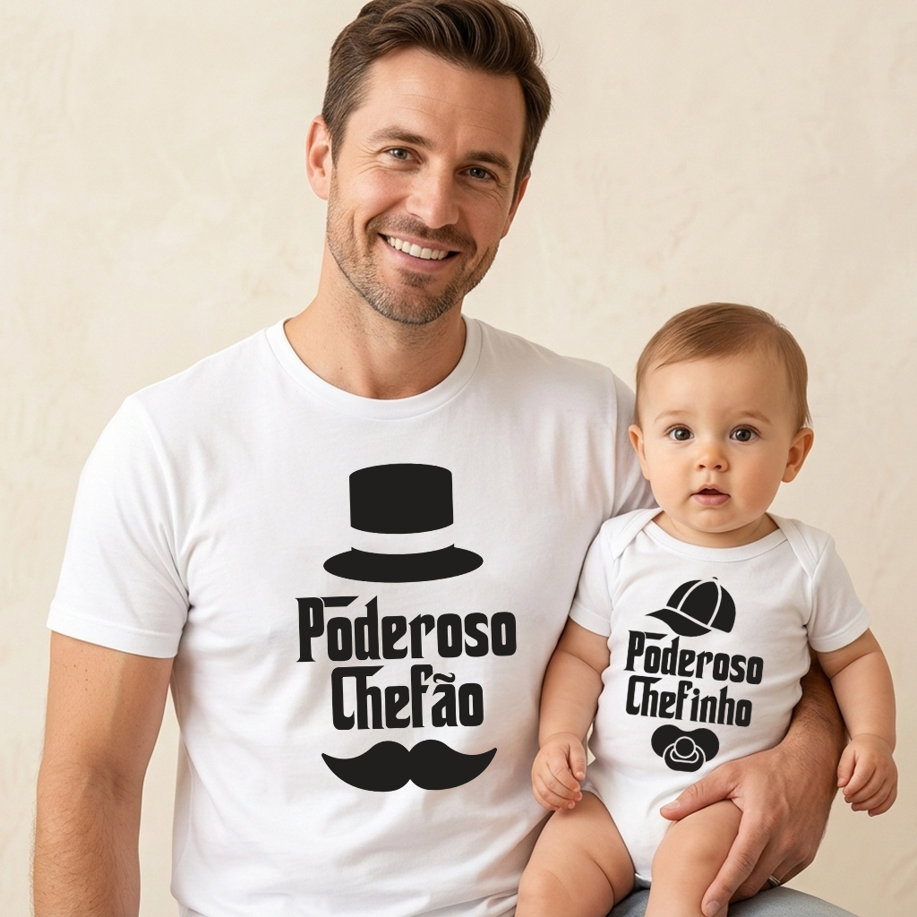 Kit PAI e FILHO camiseta e body de bebê estampado Poderoso Chefão e chefinho
