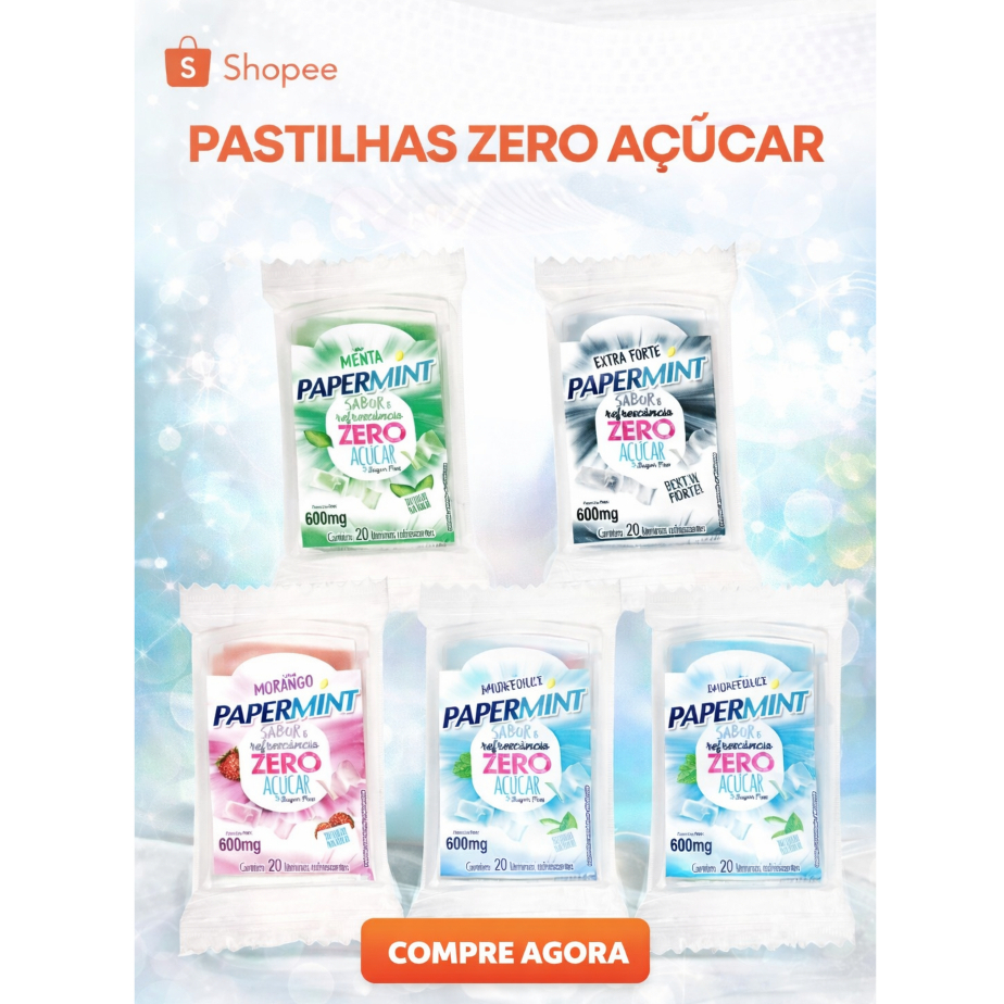 Kit com 5 unidades -  Papermint Zero Açúcar c/20 Lâminas cada – Hálito Fresco Menta Hortelã Morango Extra Forte