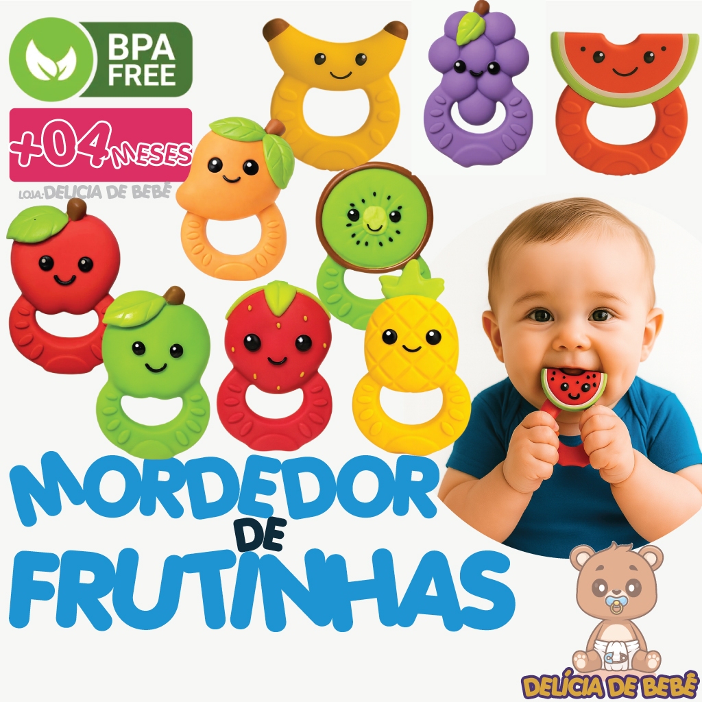 Mordedor P/ Bebê - Alívio Dentição - 100% Natural Super Macio Frutinhas  Colorido e Divertido