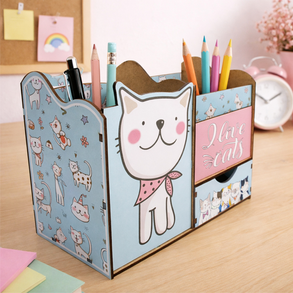 Organizador Mesa Porta Treco Caneta Gaveta Gatinho 