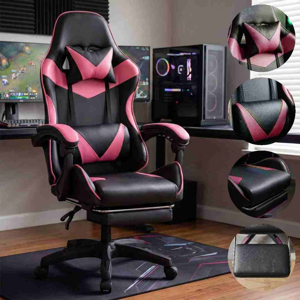 Cadeira Gamer Cor Rosa Ergonômica Reclinável Estofado Couro Sintético Confortável Para Longas Sessões