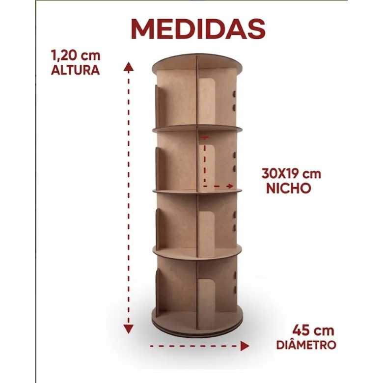 Estante Porta Livros Redonda Giratória 1,20m MDF