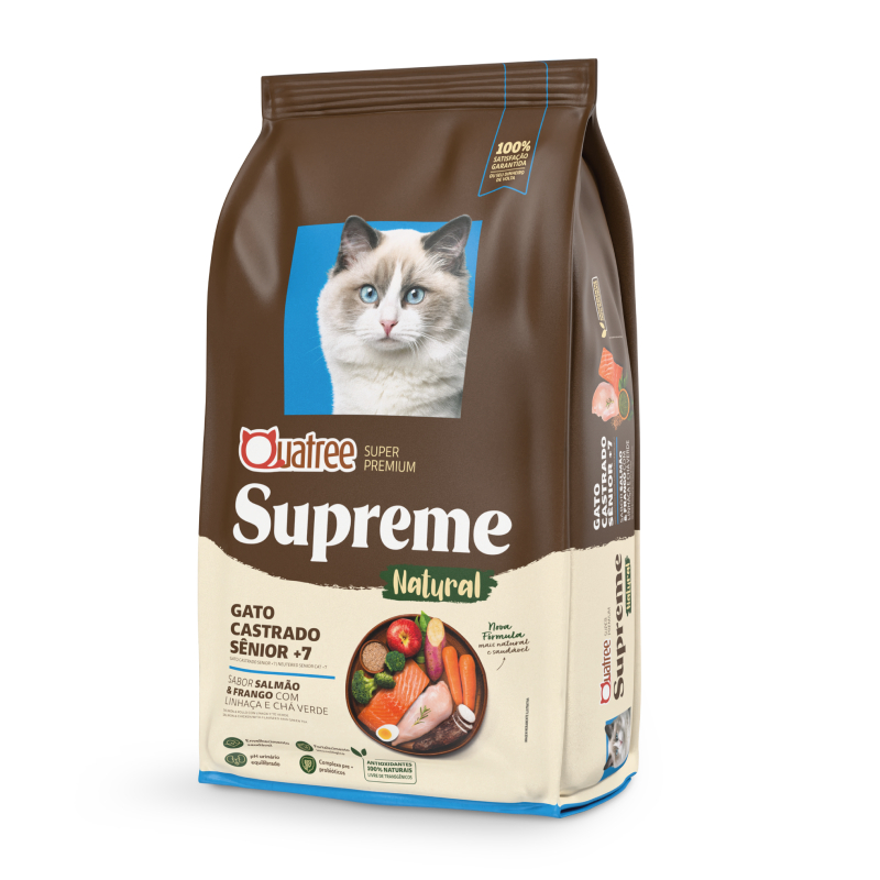 Ração Para Gatos Castrados Idosos 10,1 kG Alimento Quatree Supreme Senior Sabor Frango e Salmão