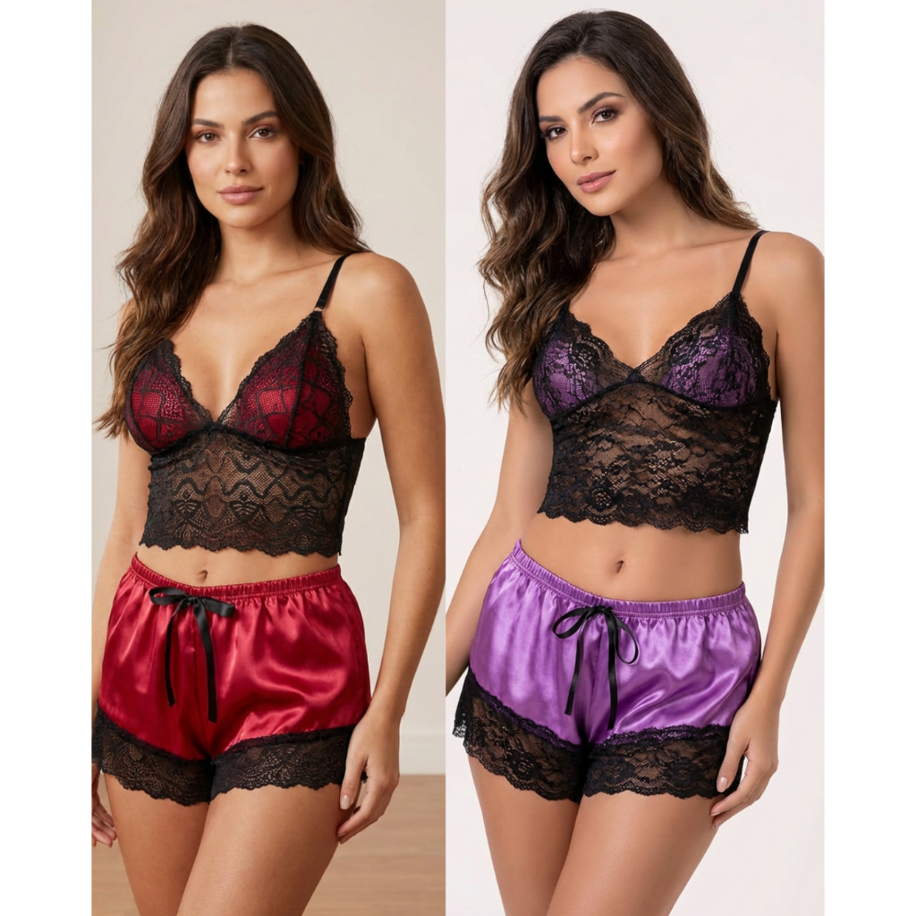 Kit 02 Peças Tamanho M Baby Doll Feminino Cetim  Renda Preta Conjunto Pijama Short e Blusa Renda Sensual l Noite Dormir