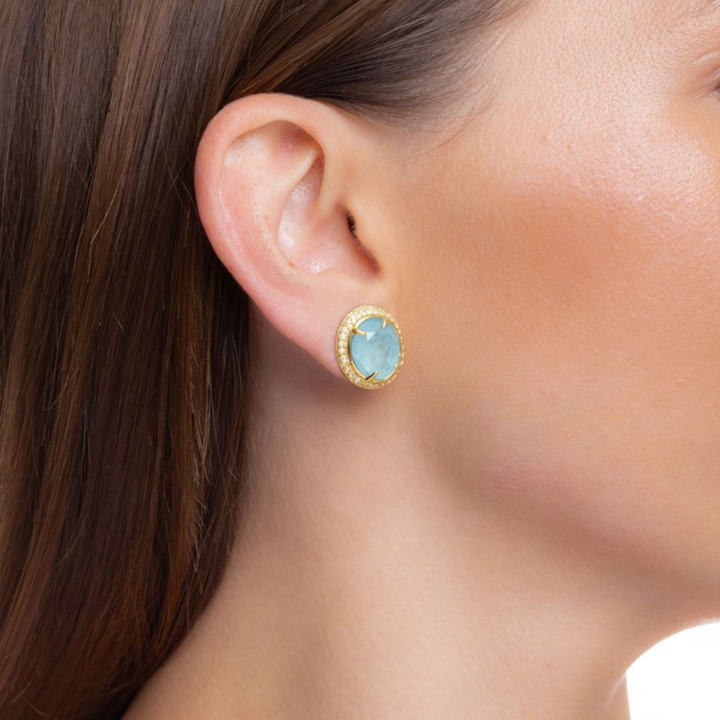 Brinco Oval Turmalina Azul e Micro Zircônias Cristais Banhado a Ouro 18k Feminino Semi Joias