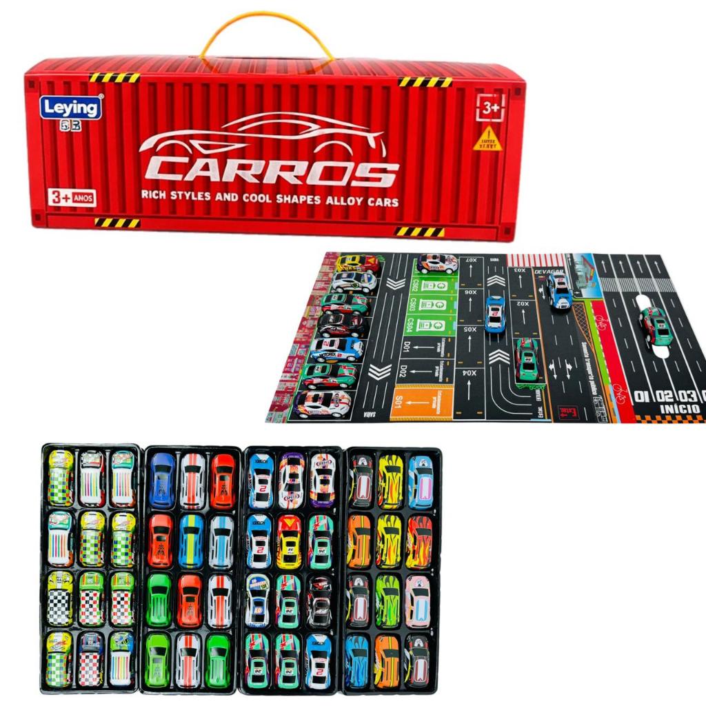 Kit 48 Carrinhos Metálicos Com Maleta E 2 Pistas Caixa Vira Mapa Brinquedo Infantil