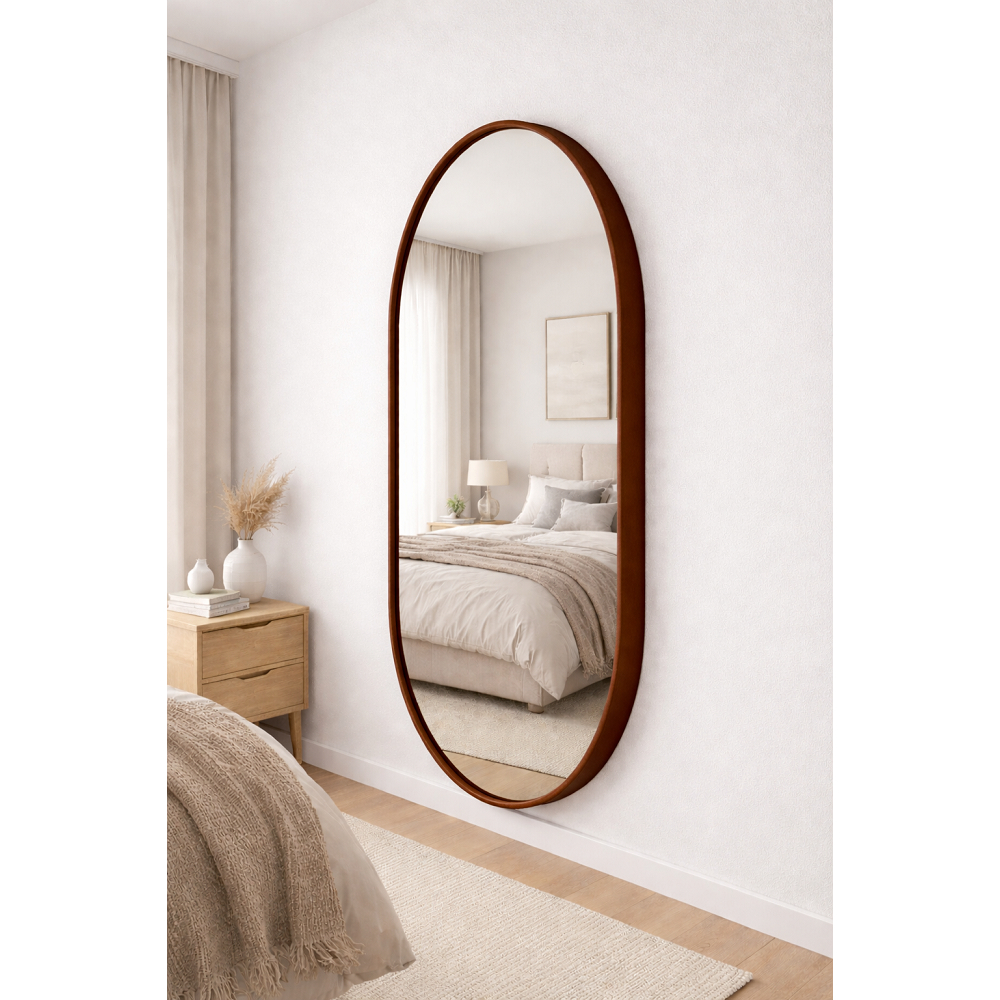 Espelho Oval 90cm x 40cm com Moldura em Couro Suporte para Quarto e Sala Design