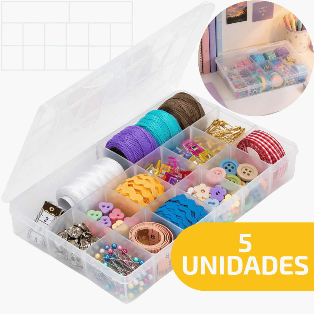 Kit 5 Estojos Nº2 com 14 Divisórias para Costura Pesca Bijuterias Anéis Remédios Botões Organização