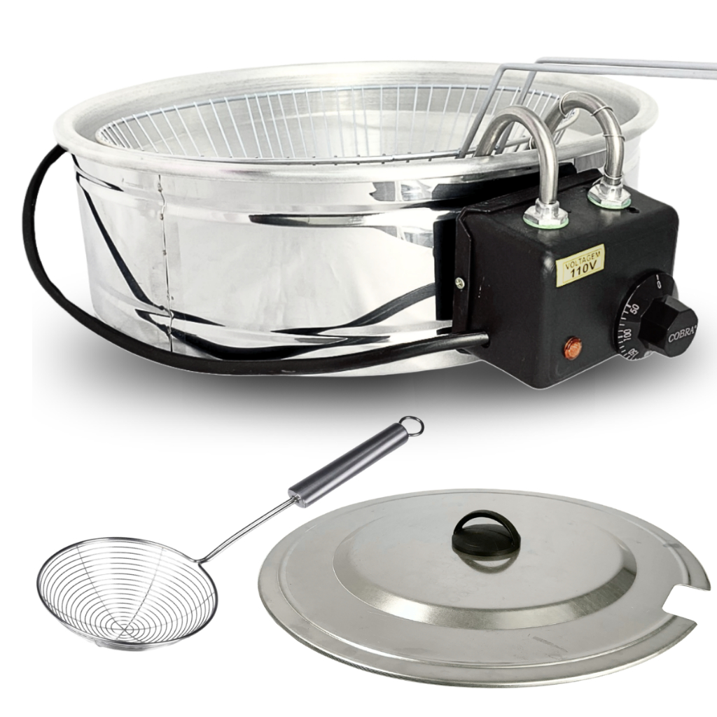 Fritadeira Elétrica 7 Litros Redonda Inox + Tampa e Escumadeira Fritador Pastel 110v ou 220v Boni