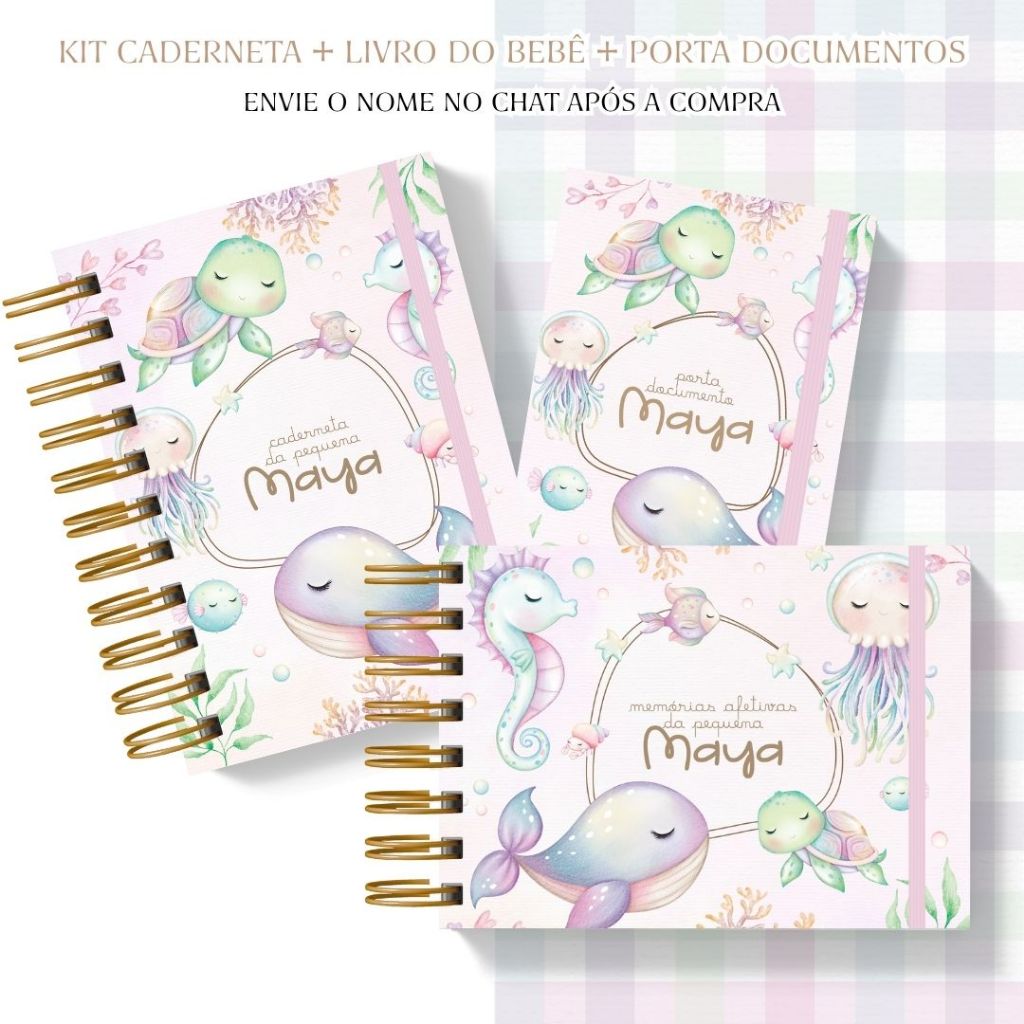 Kit Caderneta + Livro do Bebê + Porta Documentos Personalizado | Tema Fundo do Mar | Capa Dura com Elástico | Menina