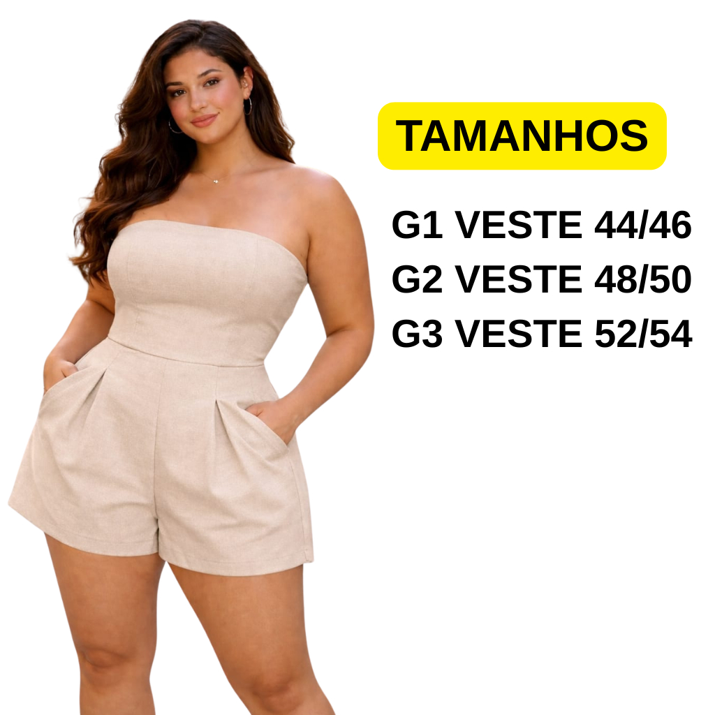 Macaquinho Plus Size Soltinho Modelo o Corpo Elegante Curto Decote Tomara que caia Plus Size