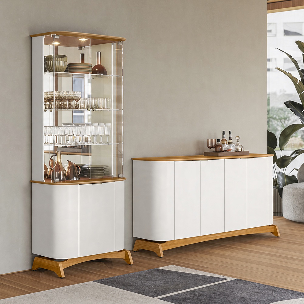 Kit Aparador Buffet com Cristaleira Para Sala de Jantar Verbena N01 Off White Ypê - Lyam Decor