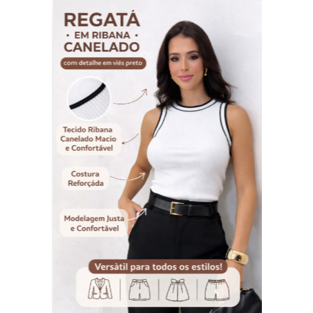 Regata Bicolor Justa Canelada Moda Feminina Versátil Tendêncial + Brinde 🎁