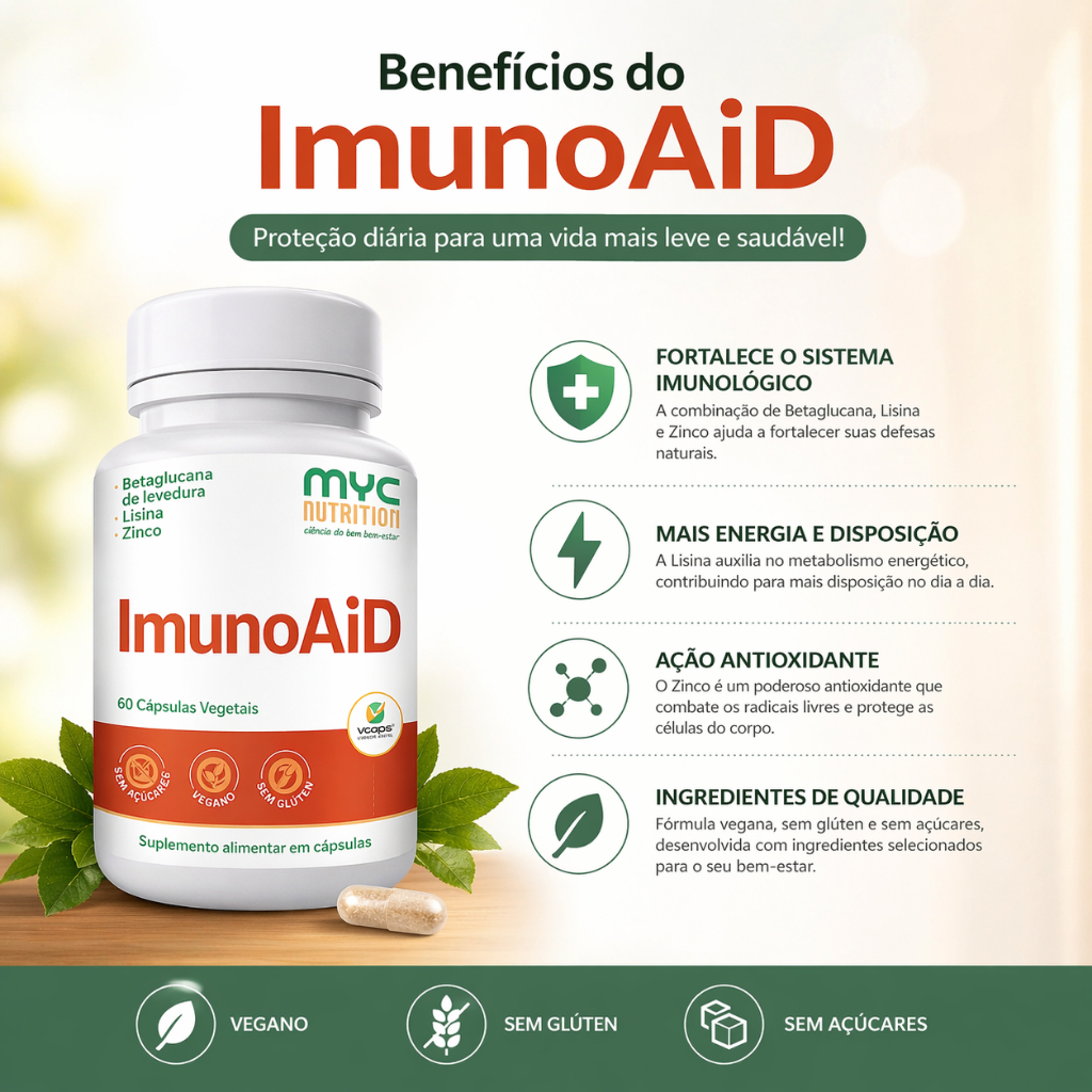 ImunoAid 60 Cápsulas | Suplemento Alimentar Imunidade | Zinco + Lisina + Betaglucana