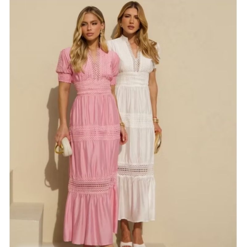 Vestido Letícia, longo em renda guipir, forrado, manga curta confortável, gola V (Feminino/Modesto)