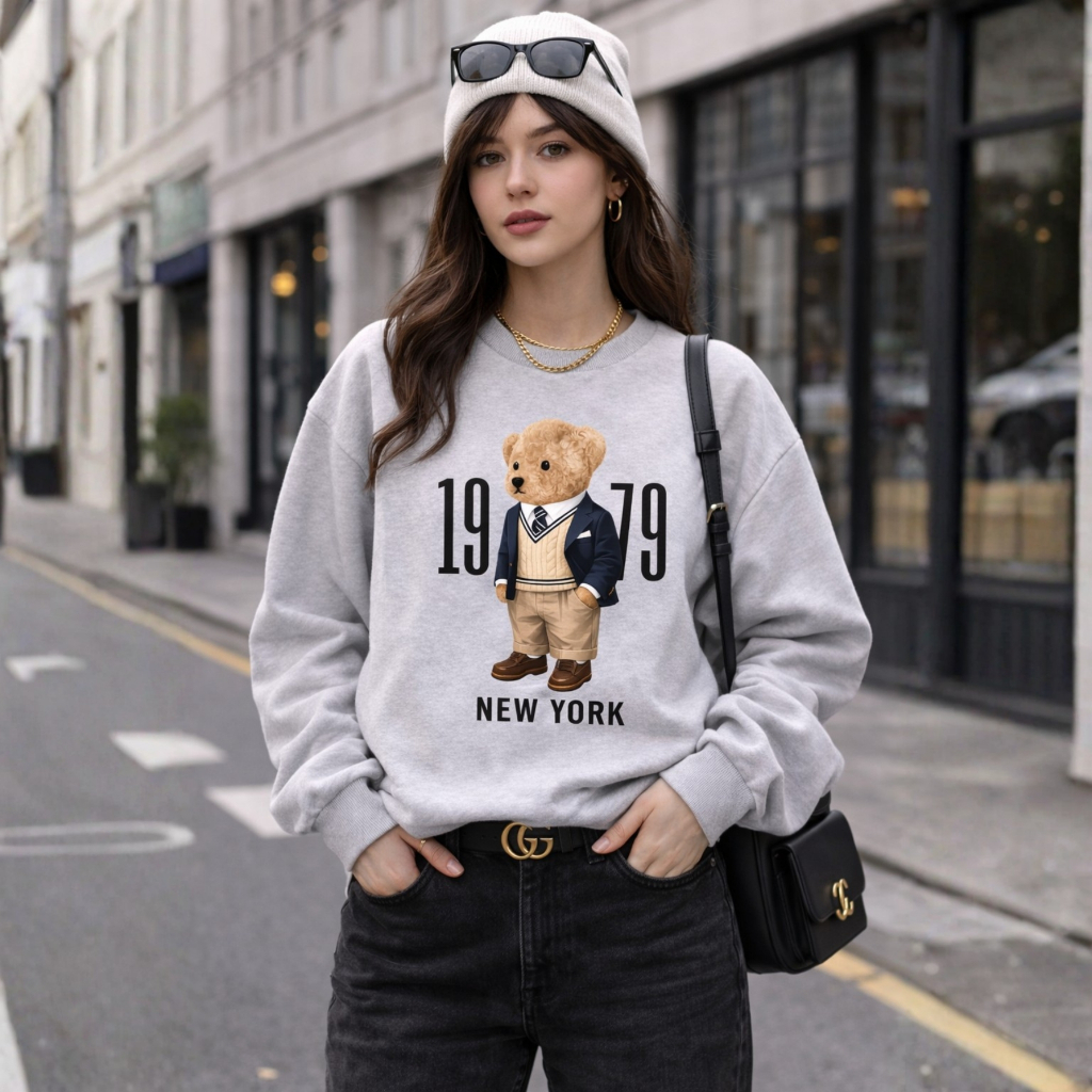 Moletom Gola Careca Estampado Urso 1979 Unissex Algodão Flanelado Confortável Streetwear