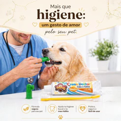 Higiene Bocal PET creme dental 90g + escova dente dupla + Dedeira Cuidado Premium para cães e gatos