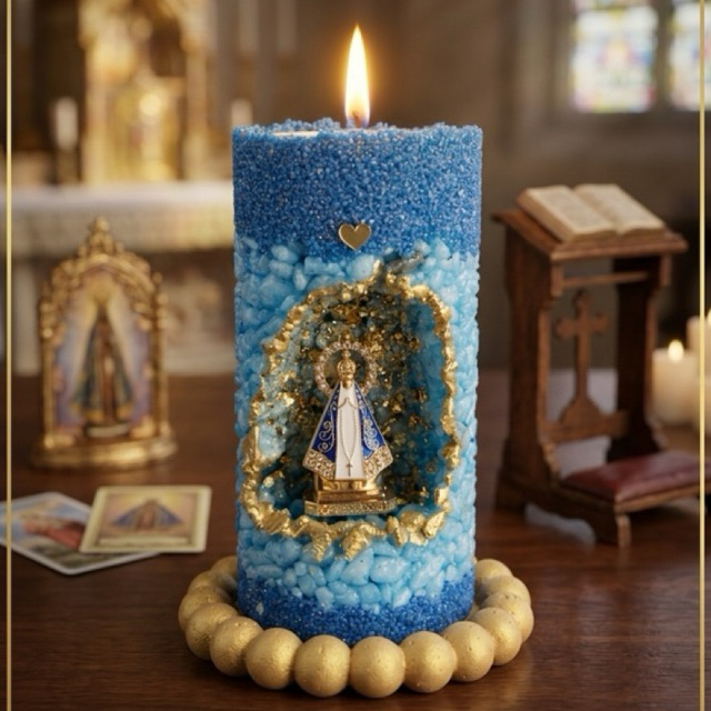 Nossa Senhora Aparecida Gruta Vela ( Com Refil) + BRINDE Bandeja de Gesso Dourada