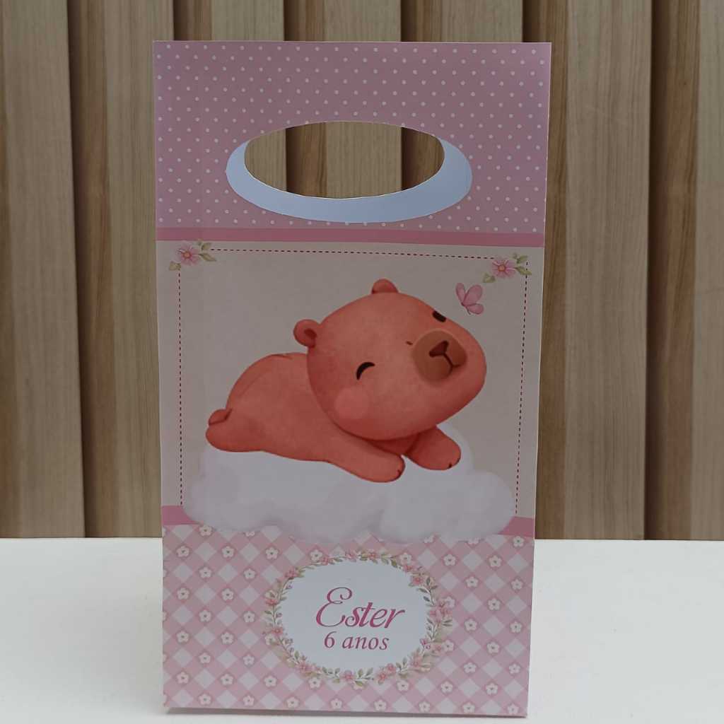 Sacolinha personalizada Capivara Rosa 2/lembrancinha de festa Capivara Rosa/tamanho 22x12x6,5 cm