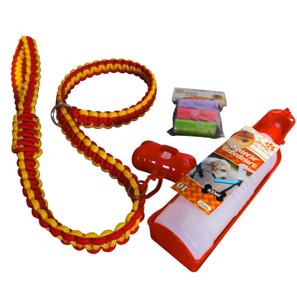 Kit 4 Em 1 Passeio Coleira Guia Unificada Garrafa Bebedouro Suporte  de Coleta Refil Saco Cata Cacas
