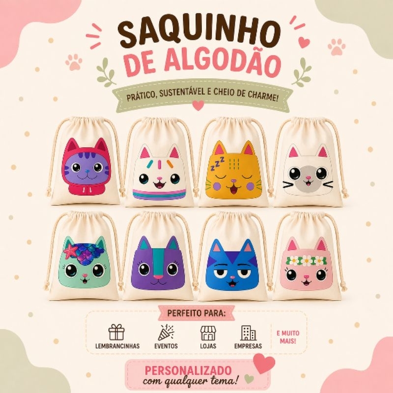 Saquinho surpresa, algodão 15x20 a casa magica da Gabby, gatinhos, gatuno, sereiata, lembrancinha